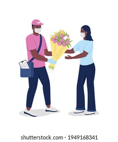 African american courier in face mask gives woman flowers flat color vector detailed characters. Safe delivery during epidemic isolated cartoon illustration for web graphic design and animation