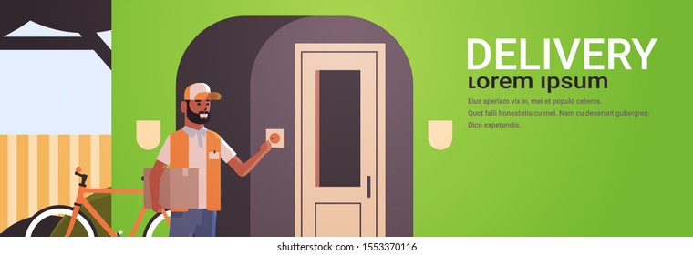 african american courier man delivering cardboard parcel ringing house doorbell express delivery service concept horizontal full length flat copy space vector illustration