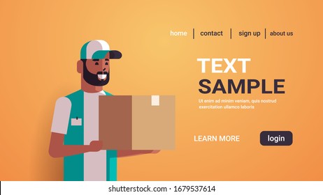 african american courier man holding cardboard parcel box express delivery service concept portrait horizontal copy space vector illustration