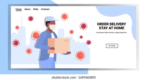 african american courier in mask carrying parcel box coronavirus outbreak prevention order delivery stay at home concept horizontal portrait copy space vector illustration