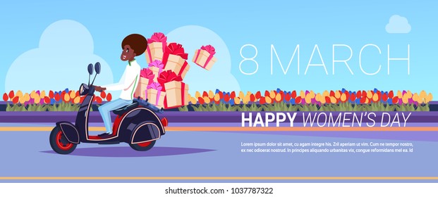 African American Courier On Scooter Delivery Of Presents For Happy International Women Day Creative Greeting Card Background Design Flat Vector Illustration