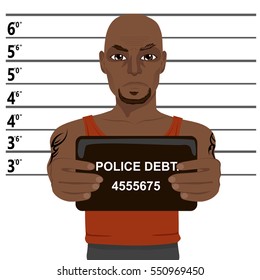 african american criminal with tattoos holding mugshot