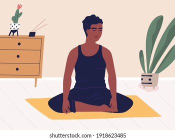 African American cross-legged man meditating or yoga at home. Peaceful relaxed guy practicing mindfulness meditation and breath control exercises in silence. Colored flat vector illustration