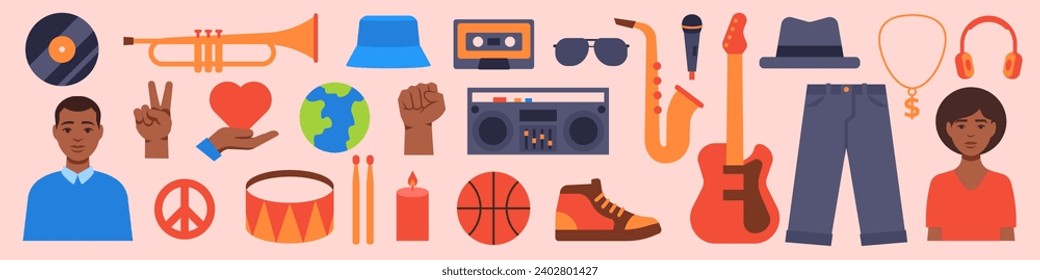 African american culture elements. Black month history icons. African american icons