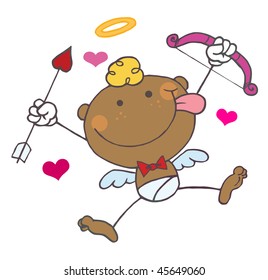African American Cupid with Bow and Arrow Flying With Hearts