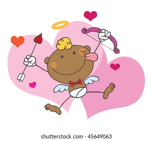 African American Cupid with Bow and Arrow Flying With Hearts,background