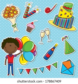 African- American cute boy with color balloons and birhday elements