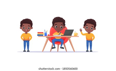 African American cute boy set with afro hairstyle and different gestures and poses isolated on white background. Boy study at the table at home. Cartoon vector illustration