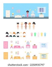 Niña coqueta de chibi afroamericana vestida con pijamas en el dormitorio. Crea tu interior. Vestir muñeca de papel. El concepto de interiores Dollhouse. Caricatura de estilo plano. Ilustración del vector