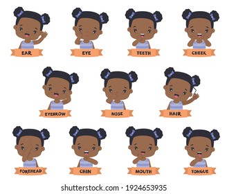 African American Cute Girl Pointing Head Parts Flat Vector Illustration Isolated on White