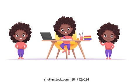 African American Cute Girl Set With Afro Hairstyle And Different Gestures And Poses Isolated On White Background. Girl Study At The Table At Home. Cartoon Vector Illustration