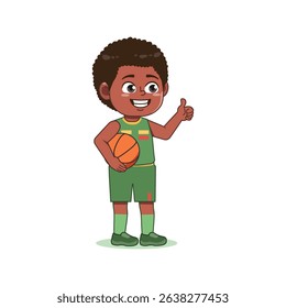 African American Cute Little Boy Cartoon Playing Basketball Thumb Up Like