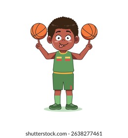 African American Cute Little Boy Cartoon Playing Basketball Spinning Ball