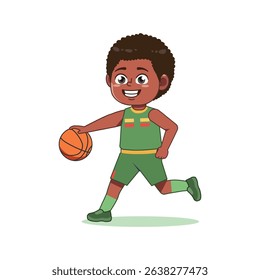 African American Cute Little Boy Cartoon Playing Basketball Sprint Dribbling