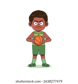 African American Cute Little Boy Cartoon Playing Basketball Hold and Keep Ball