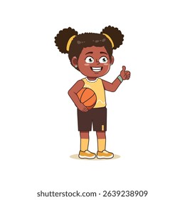 African American Cute Little Girl Cartoon Playing Basketball Thumb Up