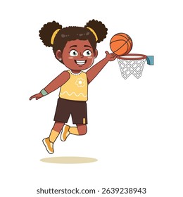 African American Cute Little Girl Cartoon Playing Basketball Lay Up Jump Point