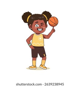 African American Cute Little Girl Cartoon Playing Basketball Spinning Ball