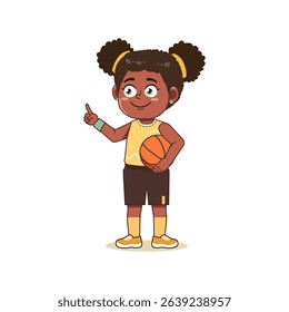 African American Cute Little Girl Cartoon Playing Basketball Pointing Up Finger