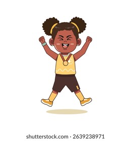 African American Cute Little Girl Cartoon Playing Basketball Jump Excited Medal