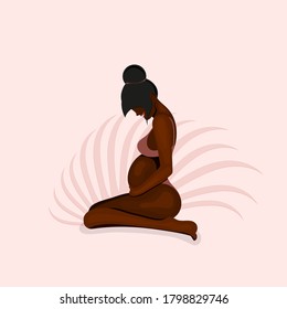 African American cute pregnant woman on background of pink leaves.