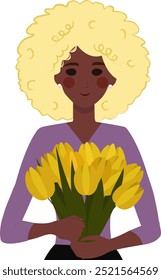 African American cute young woman girl cartoon holding bouquet of tulips. Design for poster, campaign, social media post, postcard. Vector illustration