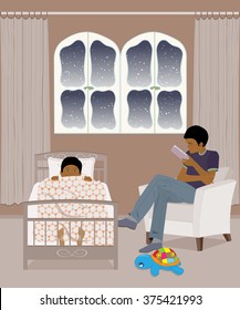 African American dad reading a bedtime story to his son