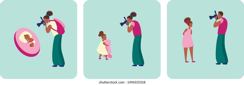 
African American dad takes a picture of his daughter on camera. A man captures how his child grows, a girl with a bear and a teenager. Vector illustration, flat style isolated on white background.