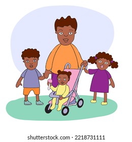 African American Dad With Three Children. Man Holding Hands Of Her Older Kids And Pushing A Stroller With A Younger Child