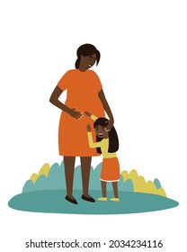 African American daughter hugs pregnant mom's belly. The girl is waiting for a brother or sister who will be born soon. Pregnant mom looks at her daughter. Flat vector illustration.