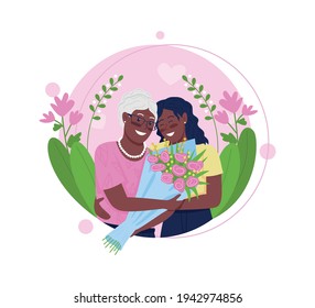 African american daughter and mother hugging flat concept vector illustration. Spring holiday. Flower bouquet. Happy family 2D cartoon characters for web design. Mothers day creative idea