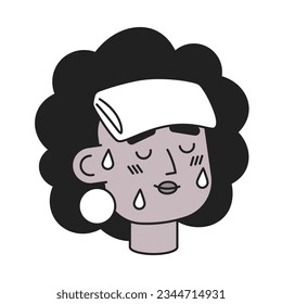 African american dehydrated woman monochrome flat linear character head. Wet towel on forehead. Editable outline hand drawn human face icon. 2D cartoon spot vector avatar illustration for animation