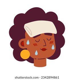 African american dehydrated woman semi flat vector character head. Wet towel on forehead. Editable cartoon avatar icon. Face emotion. Colorful spot illustration for web graphic design, animation