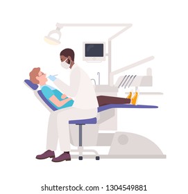 African American dentist examining male patient lying in chair. Dental surgeon treating man isolated on white background. Medical examination in oral care clinic. Flat cartoon vector illustration.