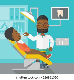 An African American dentist man examines a patient teeth in the clinic vector flat design illustration. Square layout.