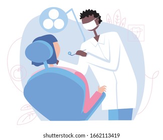 African American dentists or ortadont in the office and patient in the dental chair. Flat vector stock illustration as a concept for the treatment of molars and incisors by a professional