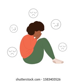 African American depressed fat women. Sad, unhappy, stressed, girls sits and crying. Stock vector illustration isolated in white background
Mental illness and overweight concept. 