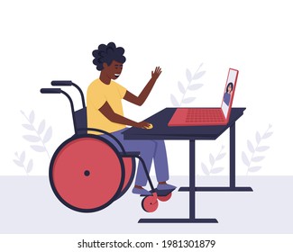 An African American disabled guy communicates with a girl he knows through video communication. The concept of an accessible environment for people with disabilities. Vector flat illustration