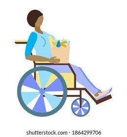 African American disabled person with food.Wheelchair user is holding a paper bag with groceries. Vector illustration in flat style, isolated on a white background. woman makes purchases on her own.