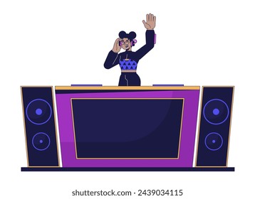 Dj afroamericano en la consola 2D personaje de dibujos animados lineal. Anfitriona de la fiesta. Fondo blanco de la persona aislada de la línea del vector del DJ negro. Conjunto de música de discoteca de color plano ilustración