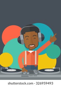 An African American DJ wearing headphones with hand up playing vinyl vector flat design illustration. Vertical layout with a text space.