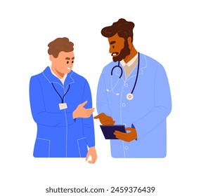 Médico afroamericano y enfermera caucásica hablando en el hospital. Equipo diverso de la salud. Ilustración vectorial plana aislada sobre fondo blanco