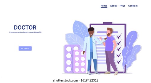 african american doctor checking patient breath or heartbeat cardiologist with stethoscope listening to lung and heart sound of man healthcare medicine concept horizontal full length copy space vector