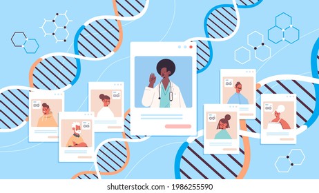 african american doctor consulting patients in web browser windows DNA testing genetic engineering diagnosis