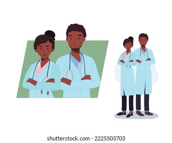 African American Doctor. hospital staff. male and female medical workers. Flat vector cartoon character illustration