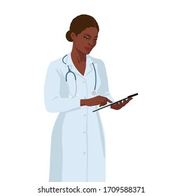 African American Doctor, Medicine Worker With Tablet. Smiling Realistic Female Portrait. Hospital Staff. Flat Hand Drawn Illustration. 