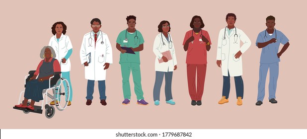 African American Doctor and Nurse. Medical people profession modern vector flat illustration. Doctor and hospital staff cartoon characters. Group man and woman medical workers