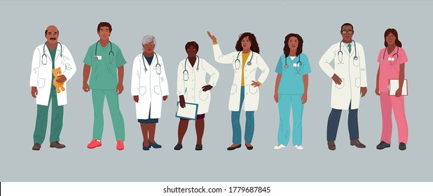 African American Doctor and Nurse. Medical people profession modern vector flat illustration. Doctor and hospital staff cartoon characters. Group man and woman medical workers