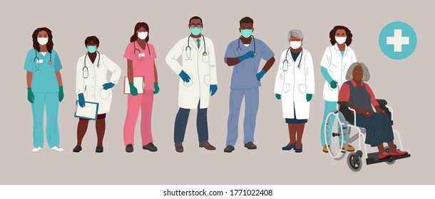 African American Doctor and Nurse Wearing Face Mask and Medical Gloves. Medical people profession modern vector flat illustration. Doctor and hospital staff cartoon characters.