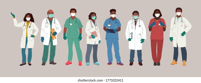 African American Doctor and Nurse Wearing Face Mask and Medical Gloves. Medical people profession modern vector flat illustration. Doctor and hospital staff cartoon characters.